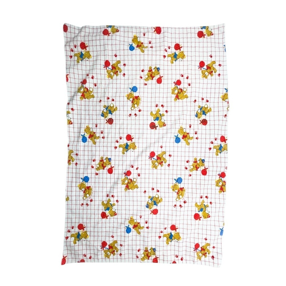 Vintage Dundee Baby Receiving Blanket Teddy Bear Grid Print 39x26 USA Cotton